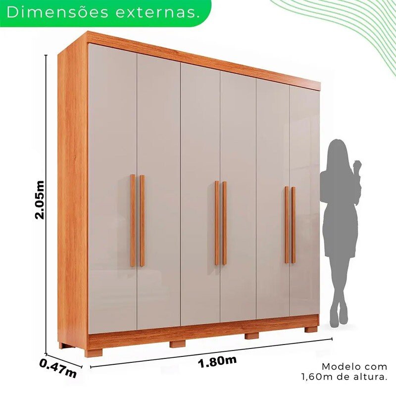 Roupeiro Casal Recife Cinamomo/Off 6 Portas C/Pés Larg. 1.80m - Sallêto - Imagem 4
