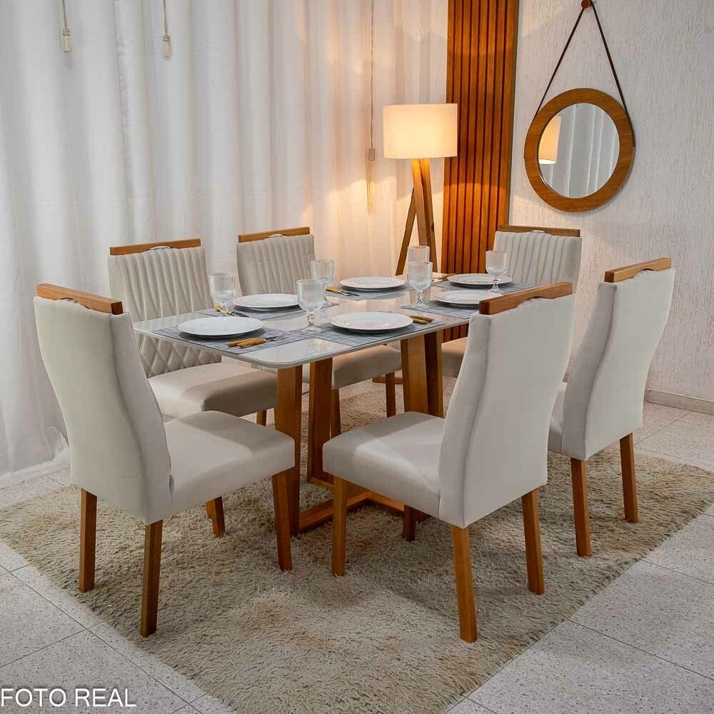 Mesa Pedro Mel Vidro OFF 160×80 6 Cadeiras Genova Veludo Bege 512 Madeira Maciça Art Assento - Entregue Montada - Imagem 2