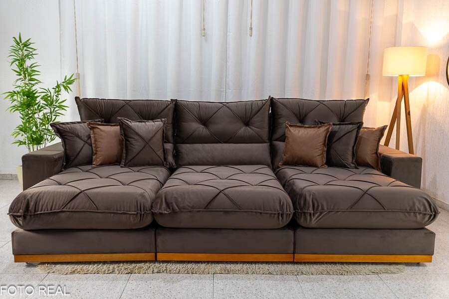 Sofá Retrátil Reclinável Gran Bello 3.20m Veludo Marrom - Molas Ensacadas - Imagem 2