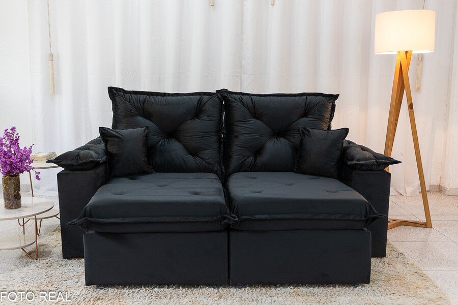 Sofá Retrátil Reclinável Porto Madri 2.00m Veludo Preto - D28 Pró Aditivada - Imagem 2