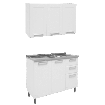 Armário Aéreo 3 Portas 6009590 + Balcão 2 Gavetas 6015590 Múltipla + Tampo Pia Branco - BERTOLINI