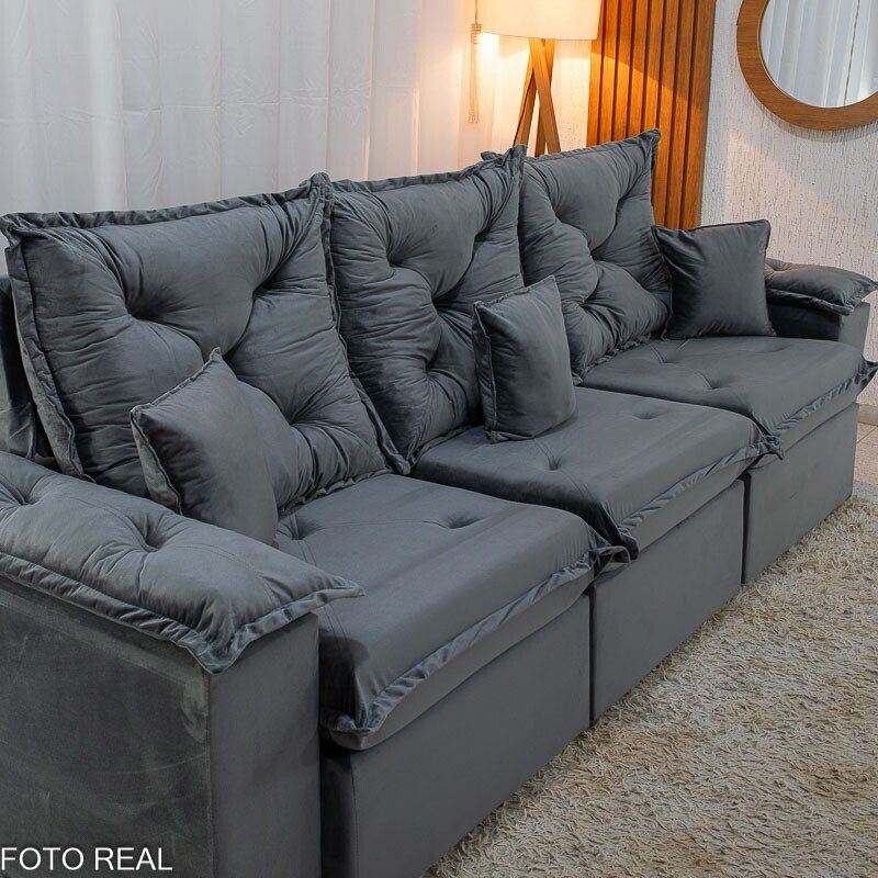 Sofá Retrátil Reclinável Porto Madri 2.70m Veludo Cinza - D28 Pró Aditivada - Imagem 3