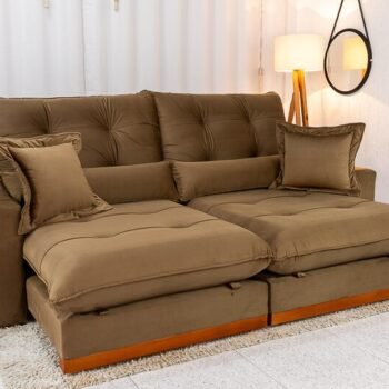 Sofá Retrátil Reclinável Toronto 2.50m Veludo Bege 4056 - Molas Ensacadas