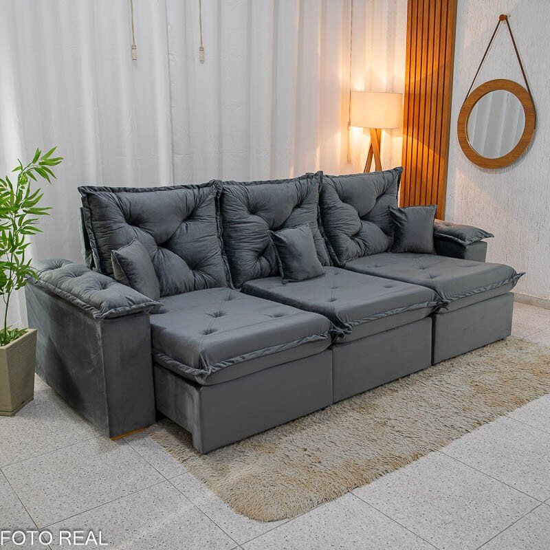 Sofá Retrátil Reclinável Porto Madri 2.70m Veludo Cinza - D28 Pró Aditivada - Imagem 5