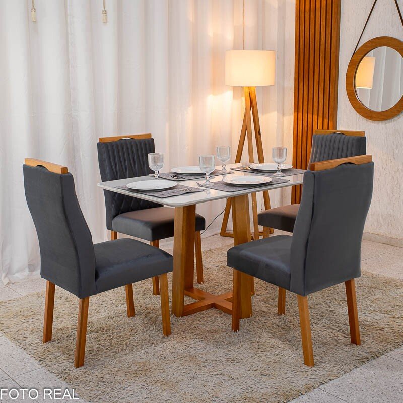 Mesa Pedro Mel Vidro OFF 120×80 4 Cadeiras Genova Veludo Cinza 507 Madeira Maciça Art Assento - Entregue Montada - Imagem 2