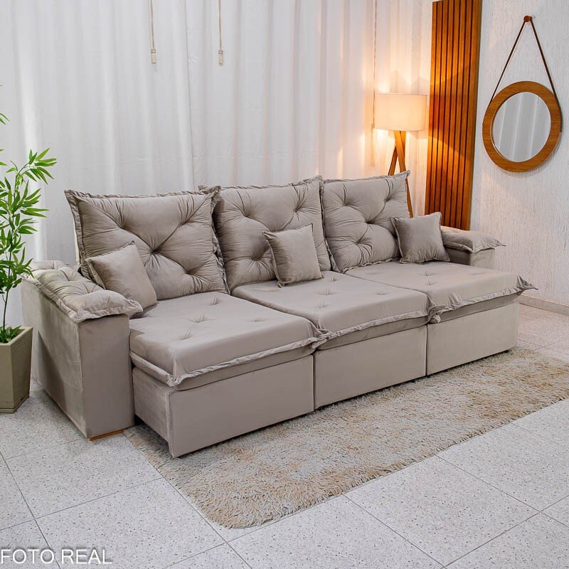 Sofá Retrátil Reclinável Porto Madri 2.70m Veludo Bege - D28 Pró Aditivada