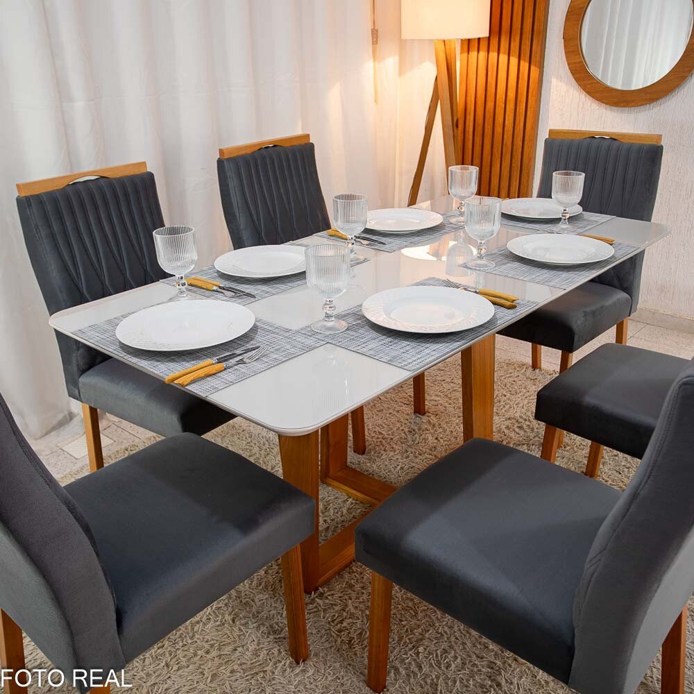 Mesa Pedro Mel Vidro OFF 160×80 6 Cadeiras Genova Veludo Cinza 507 Madeira Maciça Art Assento - Entregue Montada - Imagem 2