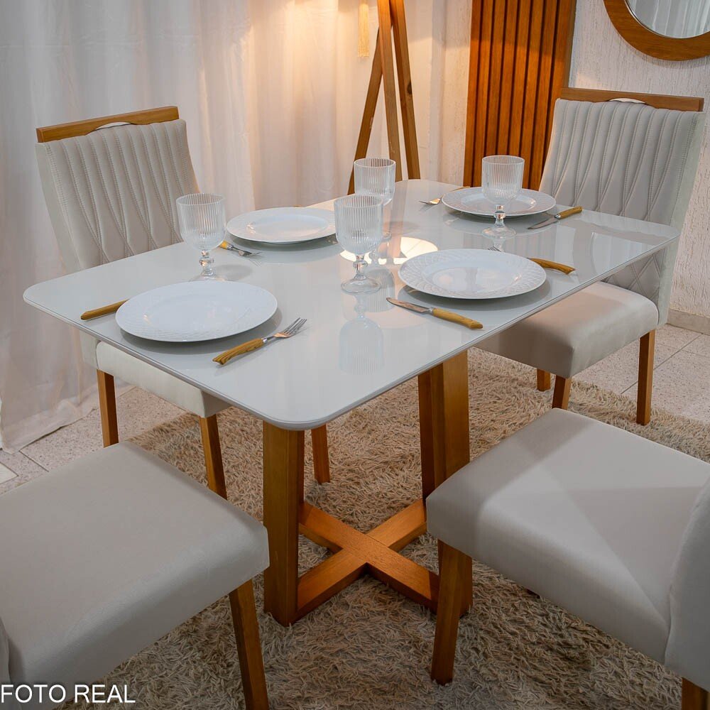 Mesa Pedro Mel Vidro OFF 120×80 4 Cadeiras Genova Veludo Bege 512 Madeira Maciça Art Assento - Entregue Montada - Imagem 2