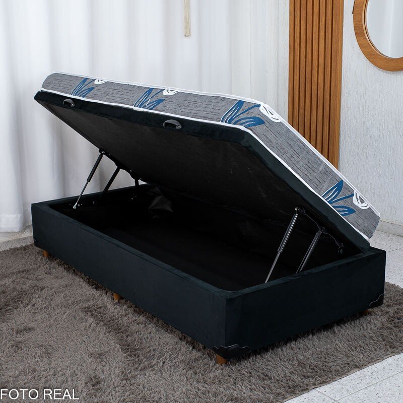 Box Baú Solt. Pop Veludo Preto Nature + Colchão Solt. Soffie Lotus 100% Espuma D20 88x188x12 - Nosso Sonho