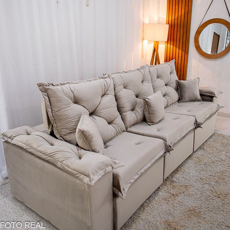 Sofá Retrátil Reclinável Porto Madri 2.70m Veludo Bege - D28 Pró Aditivada - Imagem 5