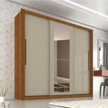 Roupeiro Casal New Panamá Cinamomo/Off 3 Portas 4 Gavetas C/ 1 Espelho Larg. 1.85m - Sallêto