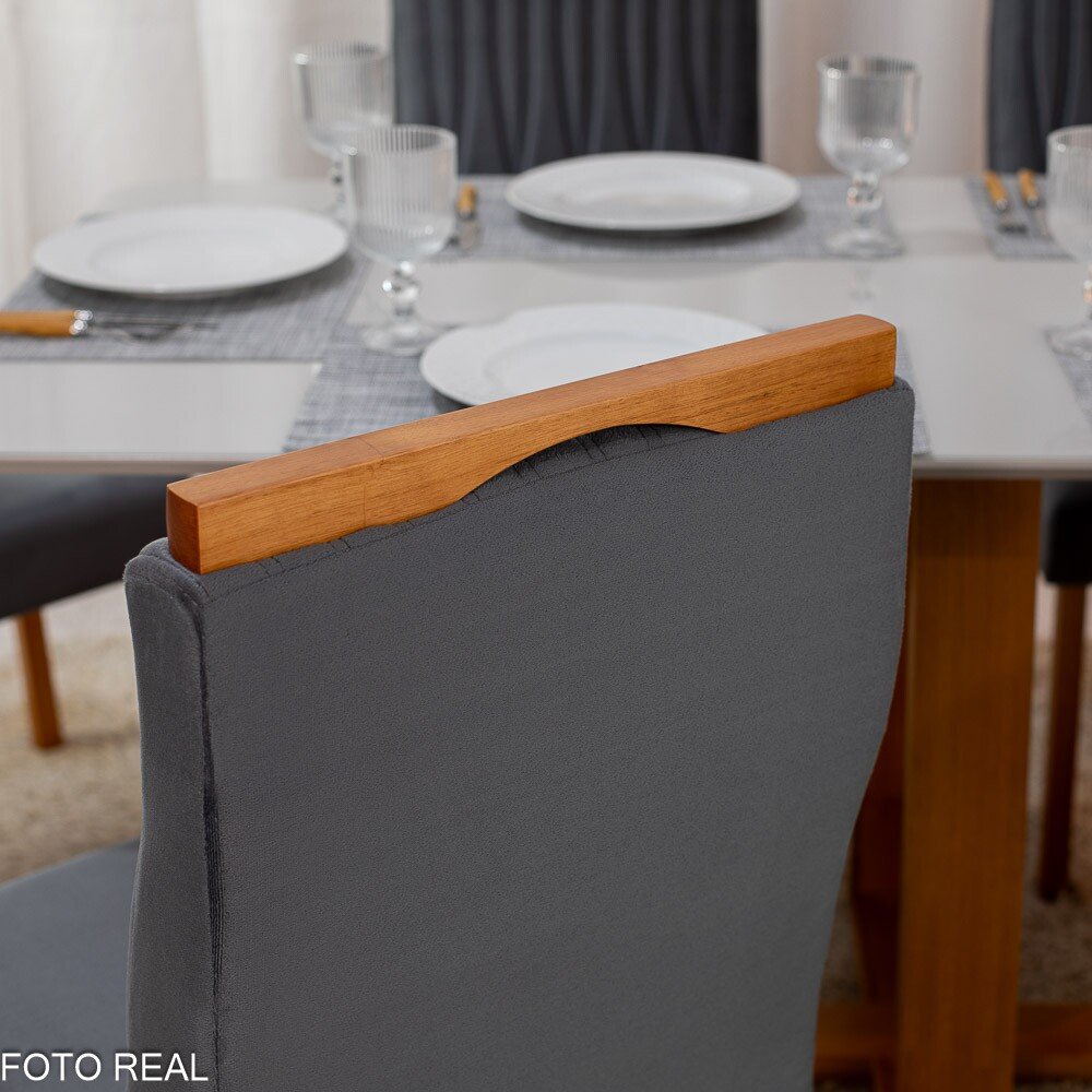 Mesa Pedro Mel Vidro OFF 160×80 6 Cadeiras Genova Veludo Cinza 507 Madeira Maciça Art Assento - Entregue Montada - Imagem 4