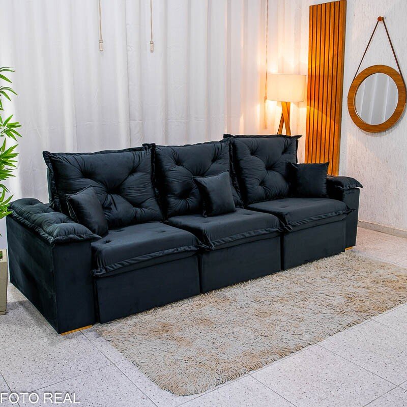 Sofá Retrátil Reclinável Porto Madri 2.70m Veludo Preto - D28 Pró Aditivada - Imagem 6