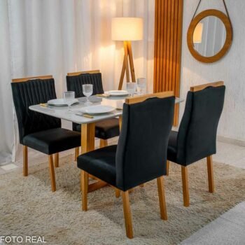 Mesa Pedro Mel Vidro OFF 120×80 4 Cadeiras Genova Veludo Preto 504 Madeira Maciça Art Assento - Entregue Montada