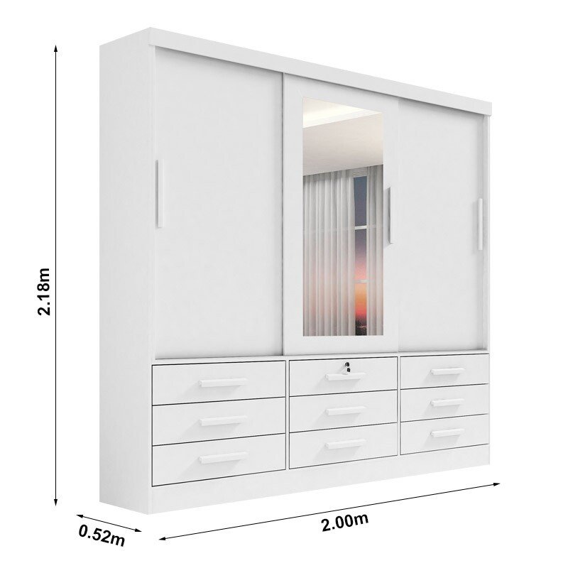 Roupeiro Casal Meridian Plus Branco 3 Portas 9 Gavetas C/ 1 Espelho Larg. 2.00m - D Doro - Imagem 3