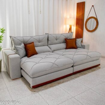 Sofá Retrátil Reclinável Gran Bello 2.90m Linho Cinza 31 - Molas Ensacadas