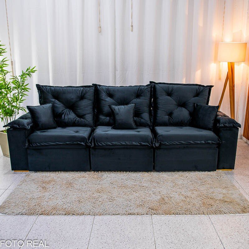 Sofá Retrátil Reclinável Porto Madri 2.70m Veludo Preto - D28 Pró Aditivada - Imagem 3