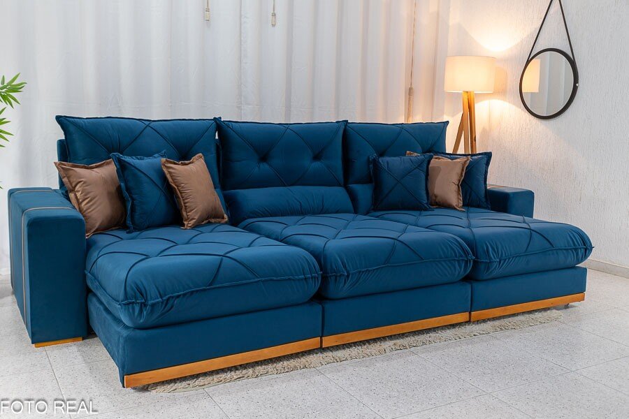 Sofá Retrátil Reclinável Gran Bello 3.20m Veludo Azul - Molas Ensacadas