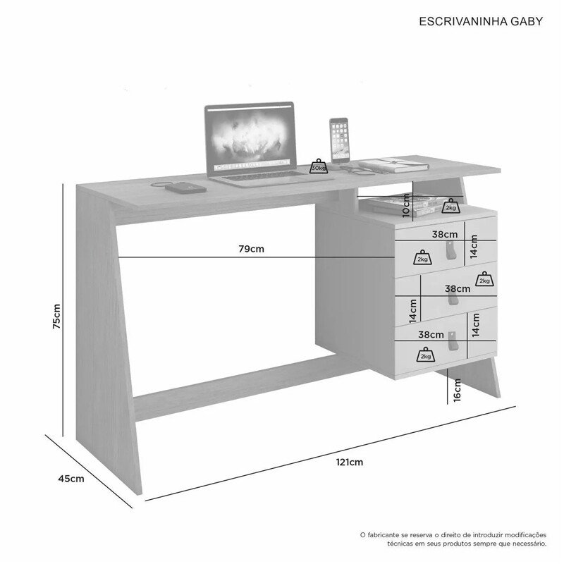 Escrivaninha Gaby Larg. 1.21m Cinamomo/Off 3 Gavetas - JCM - Imagem 2