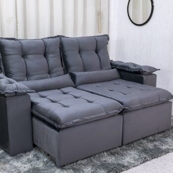 Sofá Retrátil Reclinável Grécia 2.00m Veludo Cinza - Sem Caixa