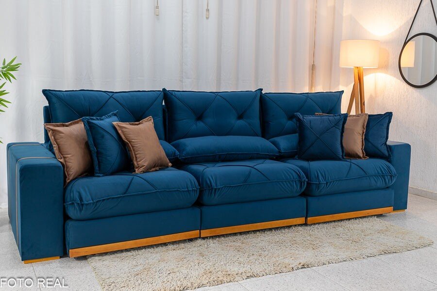 Sofá Retrátil Reclinável Gran Bello 3.20m Veludo Azul - Molas Ensacadas - Imagem 3