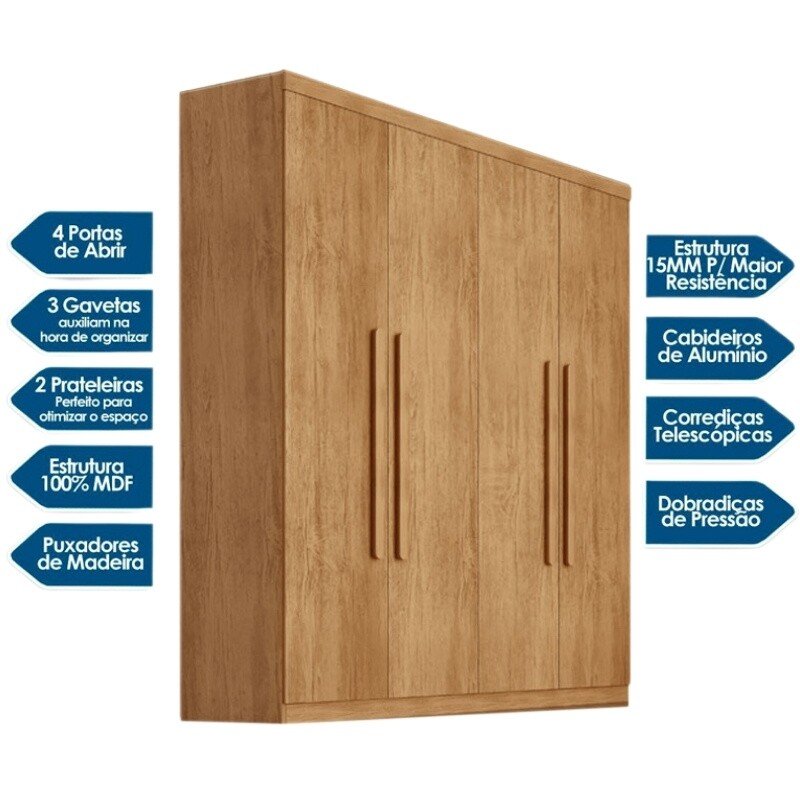 Guarda-roupa Império Nature 4 Portas 3 Gavetas Larg. 1.80m 100% MDF Rufato - Imagem 4