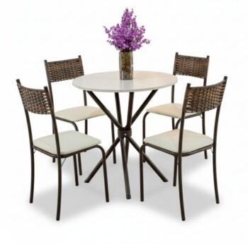 Mesa Atlanta Base Ipanema Marrom Tampo Redondo Pedra Off 75x75 4 Cadeiras Assento Creme - Teixeira