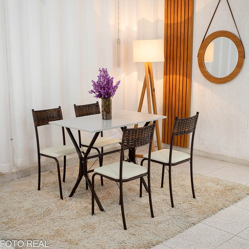 Mesa Atlanta Base Cabo Frio Marrom Tampo Off Pedra 100x60 4 Cadeiras Assento Creme - Teixeira - Imagem 6