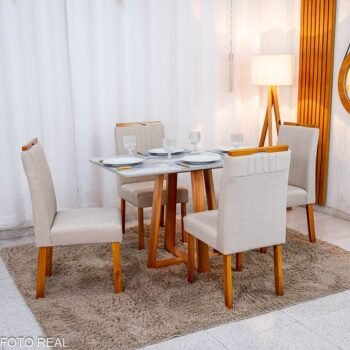 Mesa de Jantar Bali 120×80 Vidro Off/Base Madeira + 4 Cad. Atlanta Linho Bege Cru Madeira Minas Plac - Entregue Montada