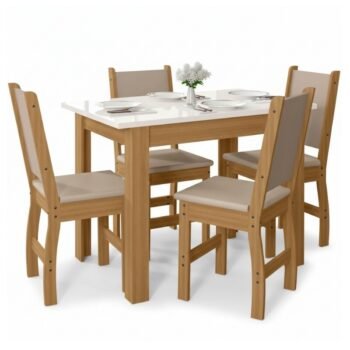 Mesa de Jantar Bellagio 108x68 Freijó UV/Tampo Off White + 4 Cad. Clara Freijó UV/Savana - Poliman