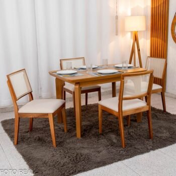Mesa de Jantar Londrina 120x80 Cinamomo Rufato + 4 Cad. Dubai Linho Bege 629 Madeira - Art Assento