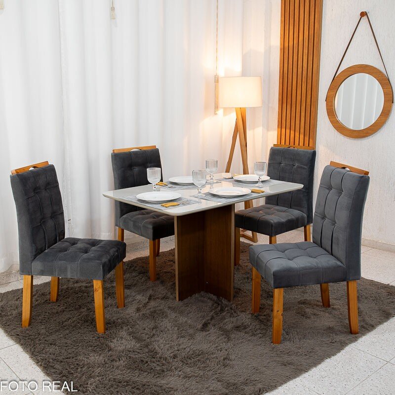 Mesa de Jantar Moscou 120x80 Vidro Off/Base Cinamomo + 4 Cad. Londres Veludo Chumbo Madeira Minas Plac - Entregue Montada