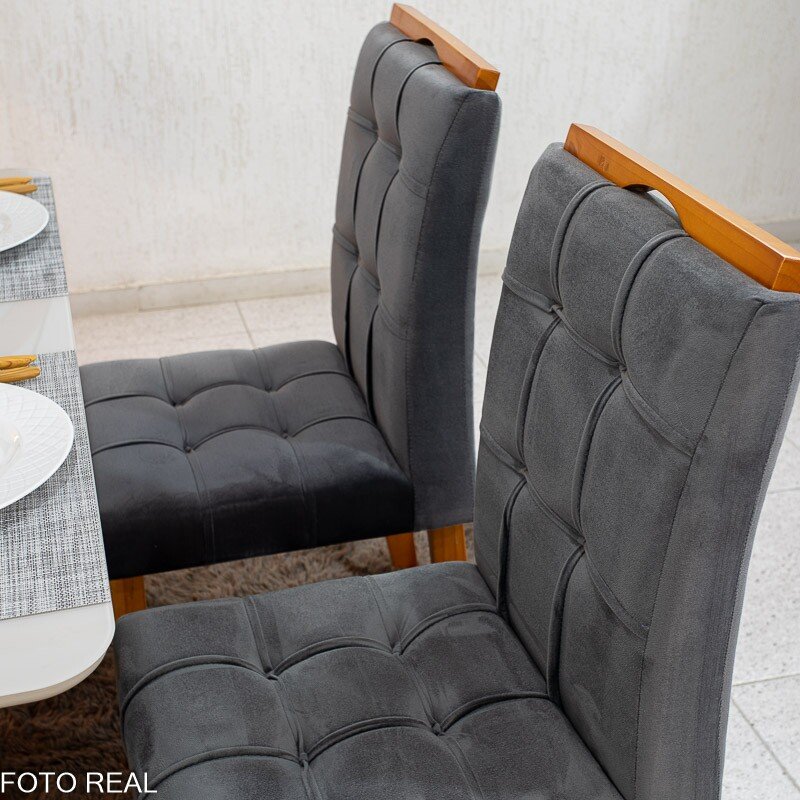 Mesa de Jantar Moscou 120x80 Vidro Off/Base Cinamomo + 4 Cad. Londres Veludo Chumbo Madeira Minas Plac - Entregue Montada - Imagem 6