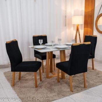 Mesa de Jantar Pedro 120×80 Vidro Off/Base Madeira + 4 Cad. Lisboa Veludo Preto 504 Madeira Art Assento - Entregue Montada