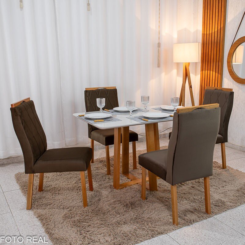 Mesa de Jantar Pedro 120x80 Vidro Off/Base Madeira + 4 Cad. Lisboa Veludo Marrom 509 Madeira Art Assento - Entregue Montada