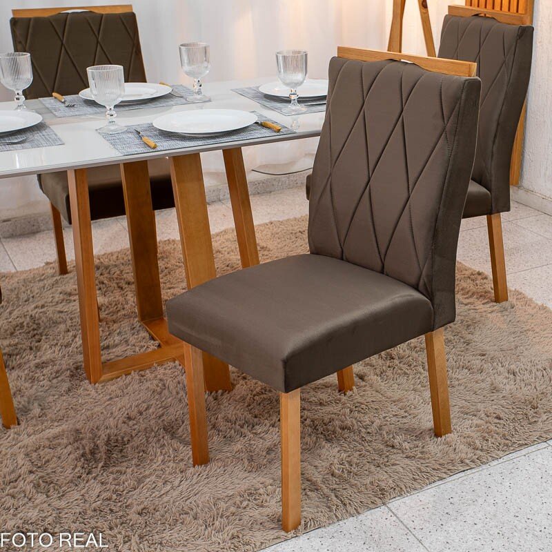 Mesa de Jantar Pedro 120x80 Vidro Off/Base Madeira + 4 Cad. Lisboa Veludo Marrom 509 Madeira Art Assento - Entregue Montada - Imagem 6