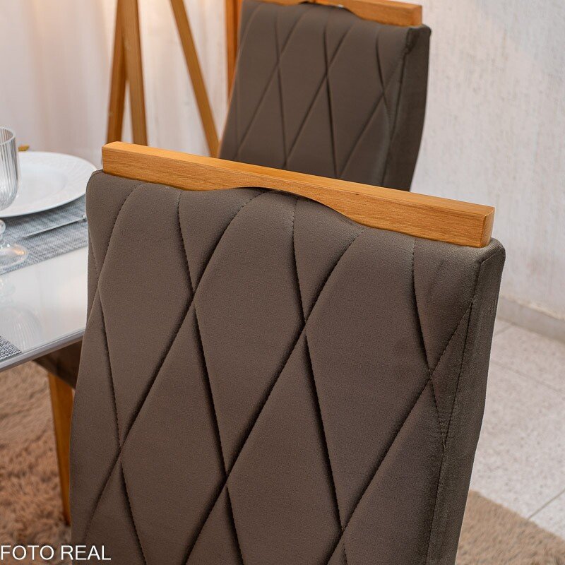Mesa de Jantar Pedro 120x80 Vidro Off/Base Madeira + 4 Cad. Lisboa Veludo Marrom 509 Madeira Art Assento - Entregue Montada - Imagem 8