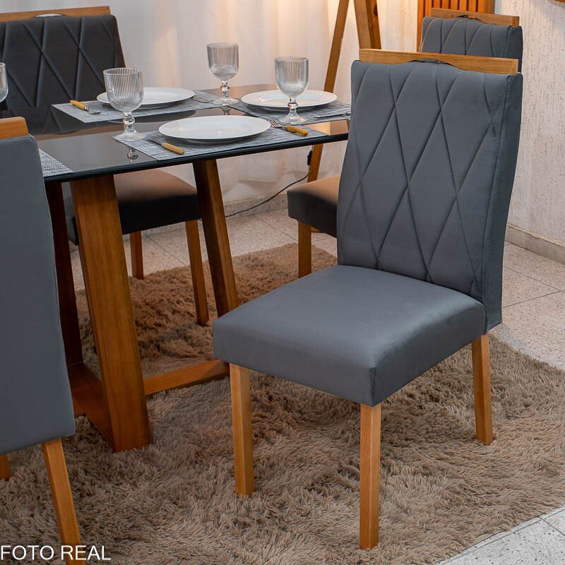Mesa de Jantar Pedro 160×80 Vidro Grafite/Base Madeira + 6 Cad. Lisboa Veludo Cinza 507 Madeira Art Assento - Entregue Montada - Imagem 6