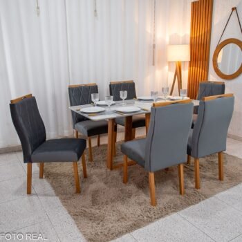 Mesa de Jantar Pedro 160x80 Vidro Off/Base Madeira + 6 Cad. Lisboa Veludo Cinza 507 Madeira Art Assento - Entregue Montada