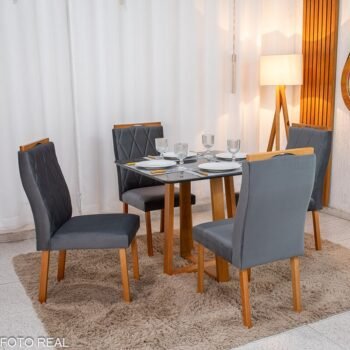 Mesa de Jantar Pedro 90×90 Vidro Grafite/Base Madeira + 4 Cad. Lisboa Veludo Grafite 507 Madeira Art Assento - Entregue Montada