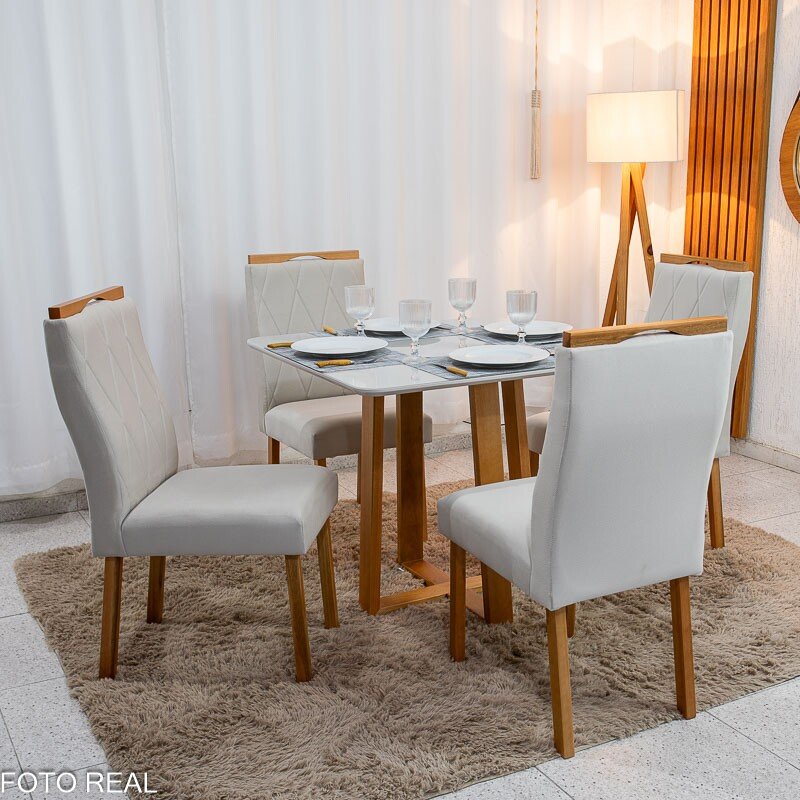 Mesa de Jantar Pedro 90x90 Vidro Off/Base Madeira + 4 Cad. Lisboa Veludo Bege 512 Madeira Art Assento - Entregue Montada