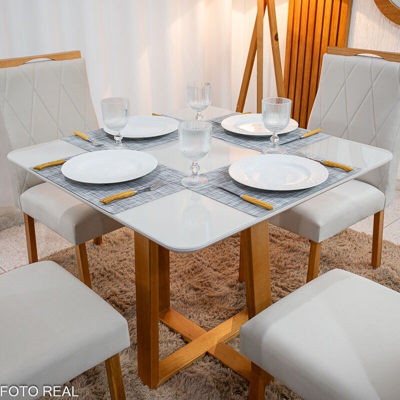 Mesa de Jantar Pedro 90x90 Vidro Off/Base Madeira + 4 Cad. Lisboa Veludo Bege 512 Madeira Art Assento - Entregue Montada - Imagem 2