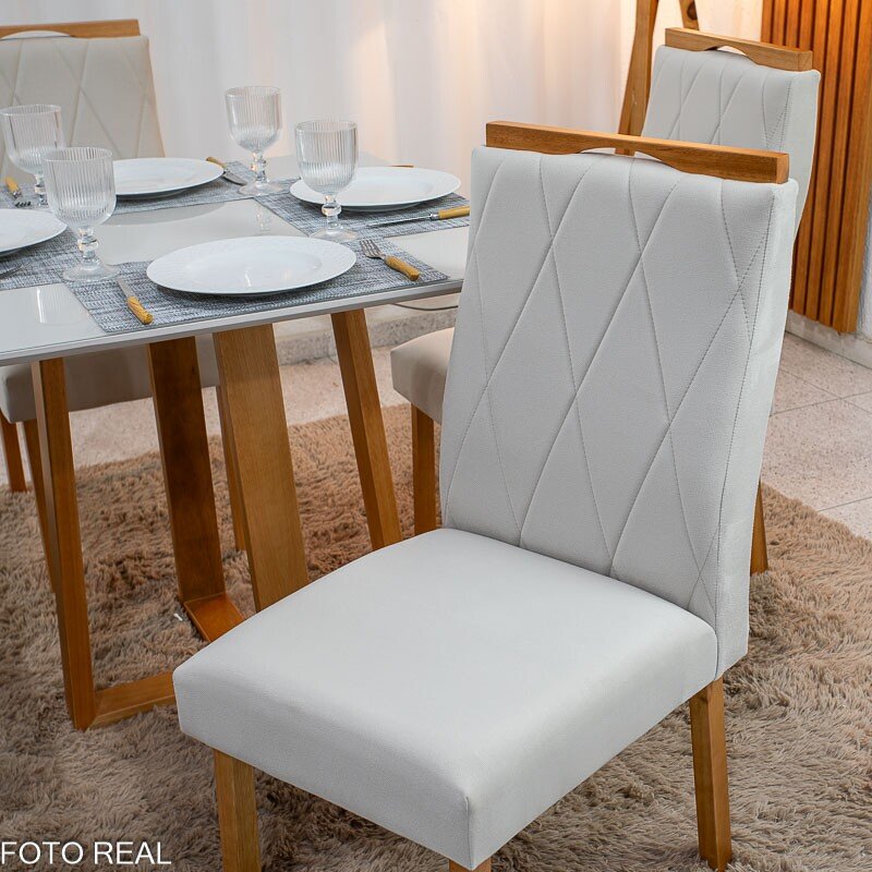 Mesa de Jantar Pedro 90x90 Vidro Off/Base Madeira + 4 Cad. Lisboa Veludo Bege 512 Madeira Art Assento - Entregue Montada - Imagem 5