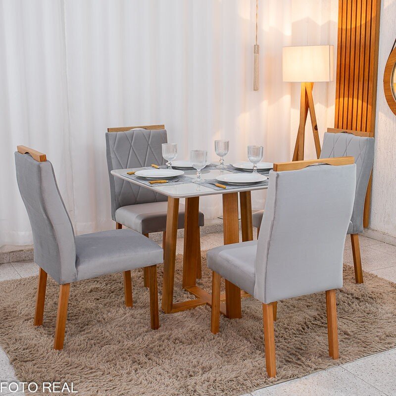 Mesa de Jantar Pedro 90x90 Vidro Off/Base Madeira + 4 Cad. Lisboa Veludo Prata 514 Madeira Art Assento - Entregue Montada - Imagem 3