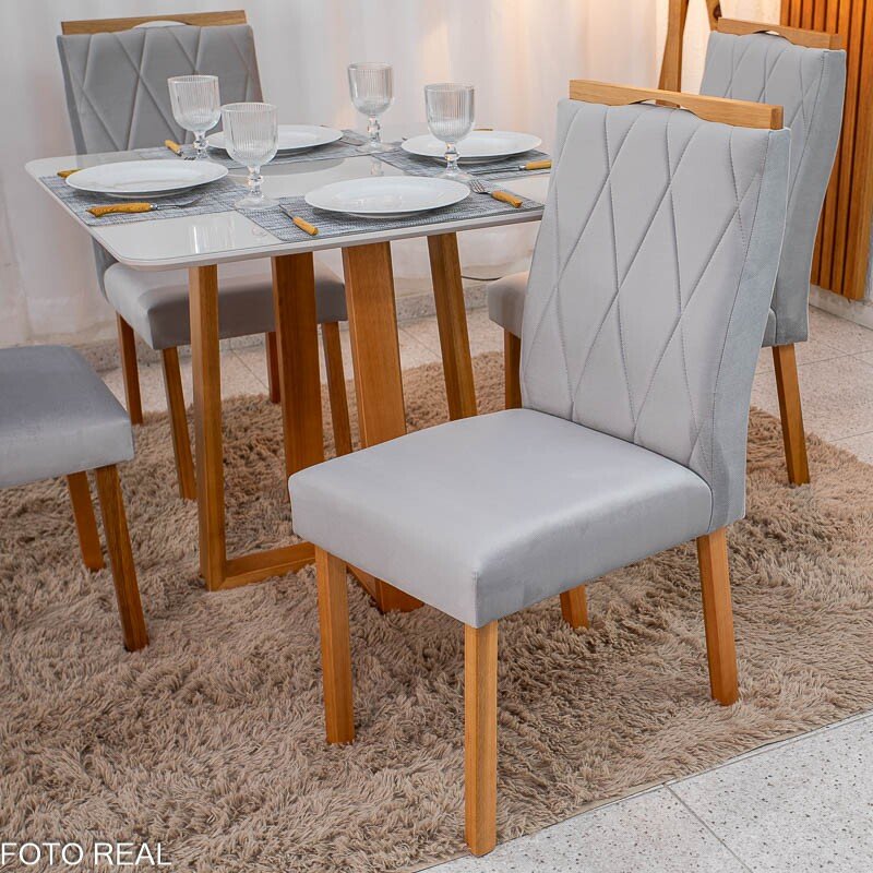 Mesa de Jantar Pedro 90x90 Vidro Off/Base Madeira + 4 Cad. Lisboa Veludo Prata 514 Madeira Art Assento - Entregue Montada - Imagem 4