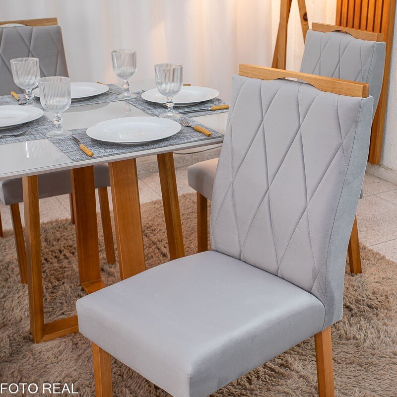 Mesa de Jantar Pedro 90x90 Vidro Off/Base Madeira + 4 Cad. Lisboa Veludo Prata 514 Madeira Art Assento - Entregue Montada - Imagem 5