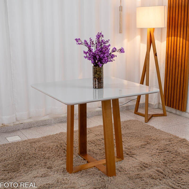 Mesa de Jantar Pedro 90x90 Vidro Off/Base Madeira + 4 Cad. Lisboa Veludo Prata 514 Madeira Art Assento - Entregue Montada - Imagem 7