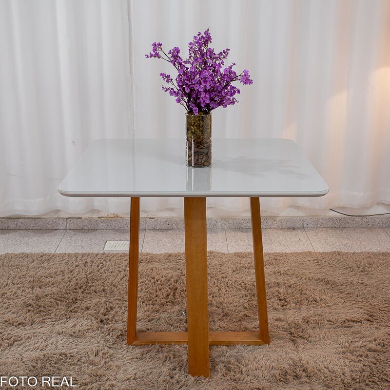 Mesa de Jantar Pedro 90x90 Vidro Off/Base Madeira + 4 Cad. Lisboa Veludo Bege 512 Madeira Art Assento - Entregue Montada - Imagem 8