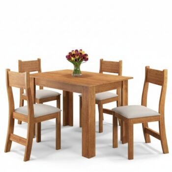 Mesa de Jantar Perla 110×75 Mel + 4 Cad. Brisa Linho Assento Bronze - Viero