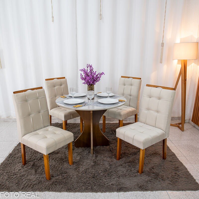 Mesa de Jantar Siena Redonda 100cm Vidro Off/Base Cinamomo + 4 Cad. Londres Veludo Avelã Madeira Minas Plac - Entregue Montada - Imagem 3